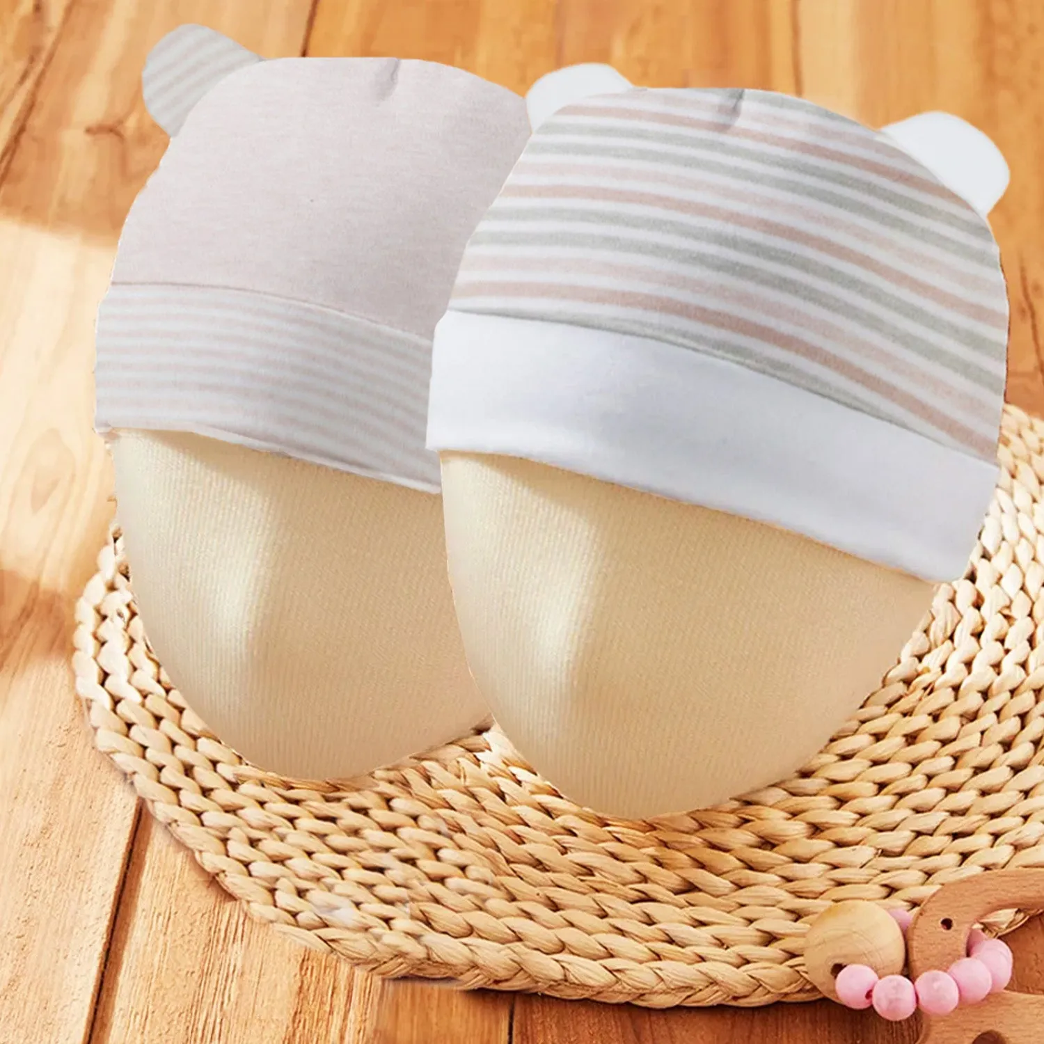 Baby Moo Solid And Striped Organic Soft Cotton Pack of 2 Caps - Beige