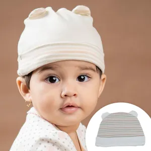 Baby Moo Solid And Striped Organic Soft Cotton Pack of 2 Caps - Beige