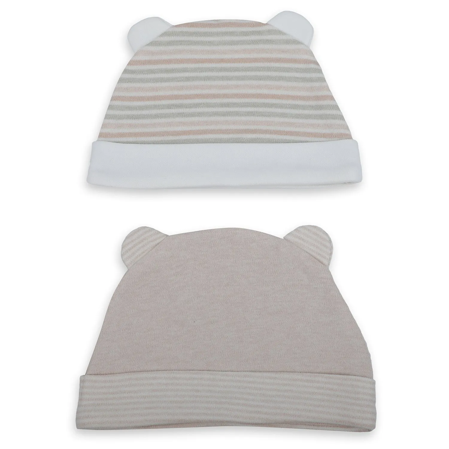 Baby Moo Solid And Striped Organic Soft Cotton Pack of 2 Caps - Beige