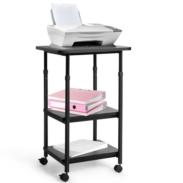 Black Adjustable Height 3-tier Printer Stand on Wheels