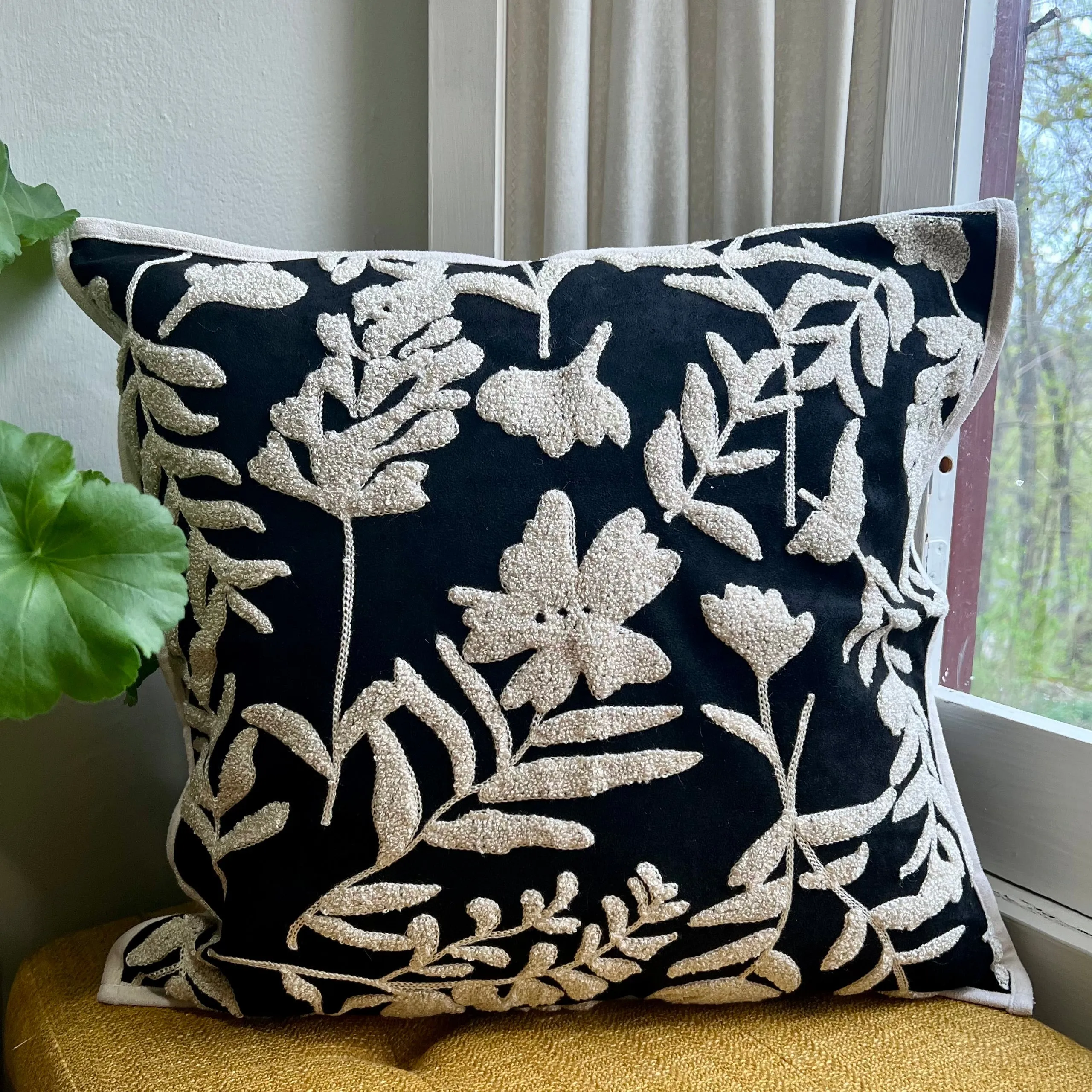 Black and White Floral Embroidered Pillow Cover