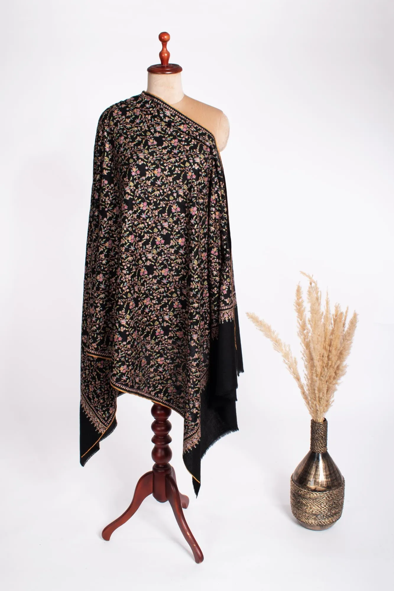 Black Pearl Sozni Embroidered Pashmina Wrap - BIDEFORD