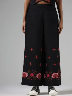 Bombay Paisley Floral Embroidered Black Blended Linen Palazzos