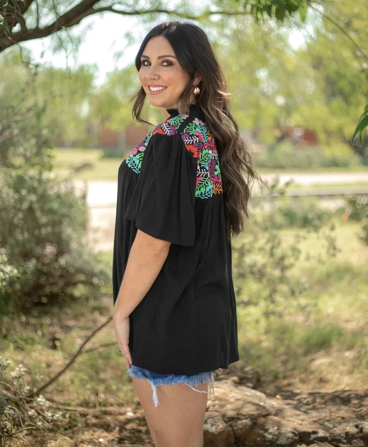 Embroidered V-Neck Top, Black