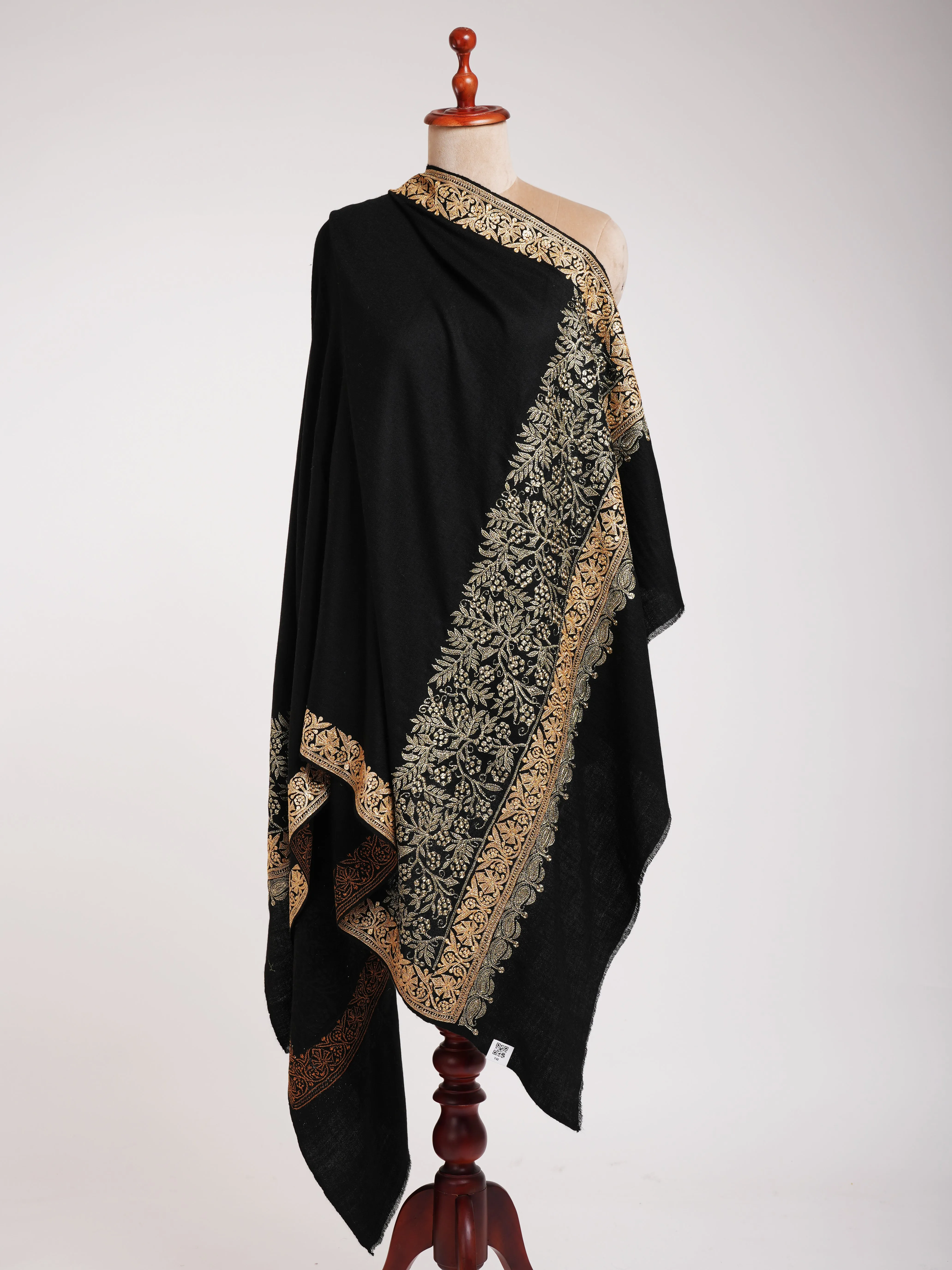 Hand Spun Black Pashmina Shawl with Golden Tilla Embroidery