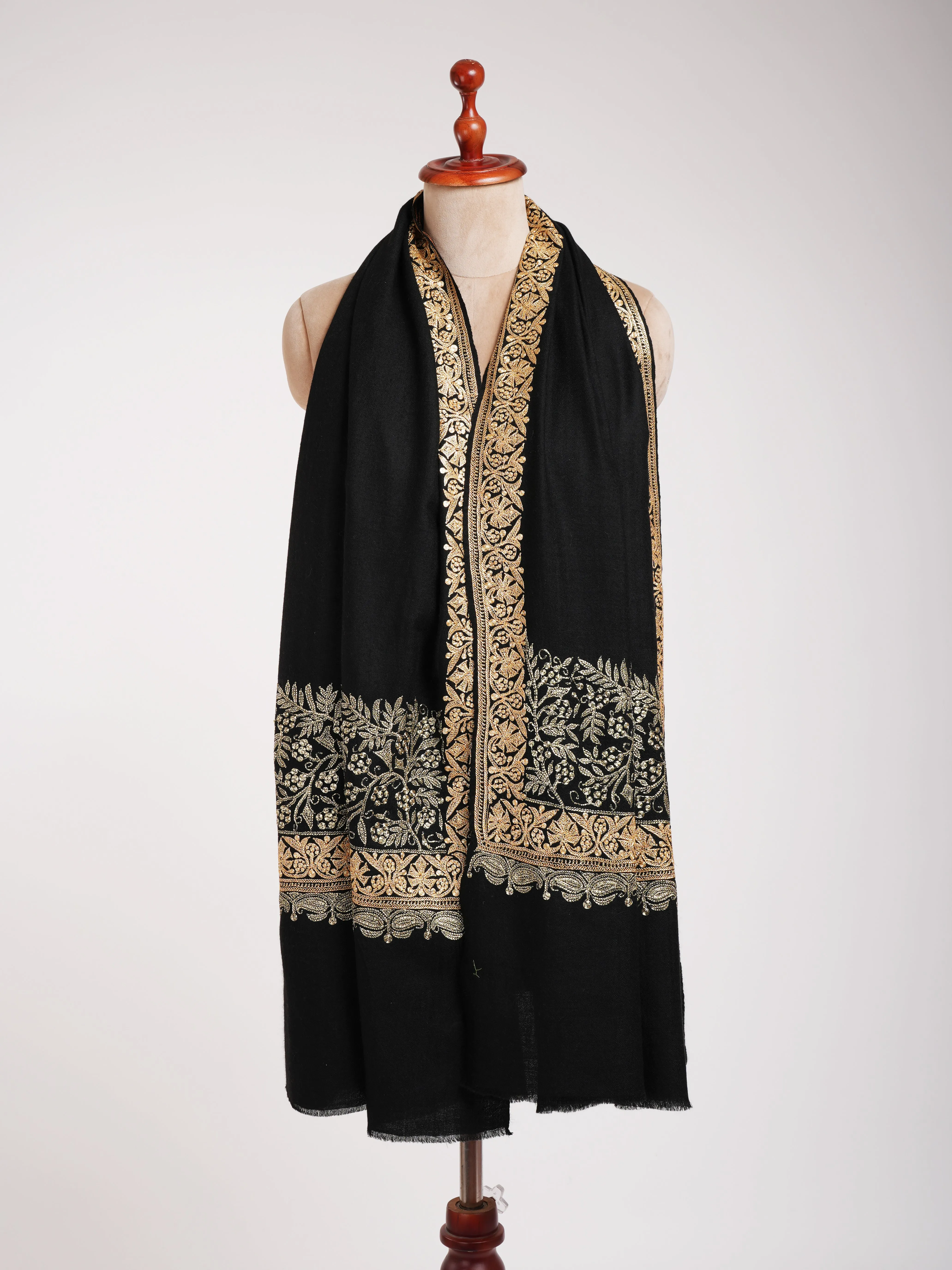 Hand Spun Black Pashmina Shawl with Golden Tilla Embroidery