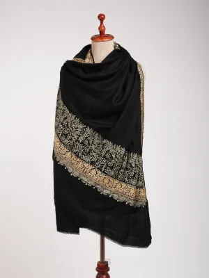 Hand Spun Black Pashmina Shawl with Golden Tilla Embroidery