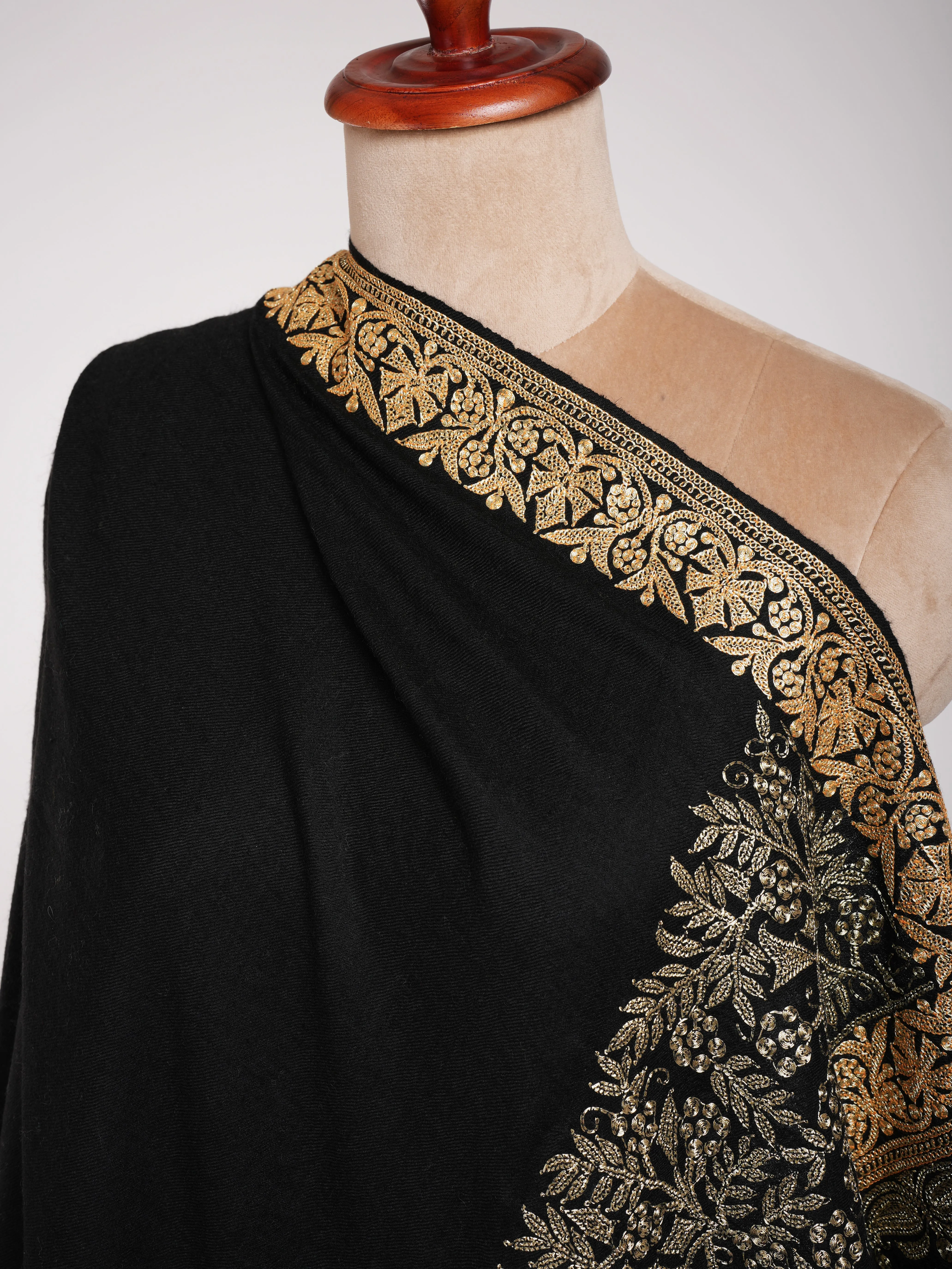 Hand Spun Black Pashmina Shawl with Golden Tilla Embroidery