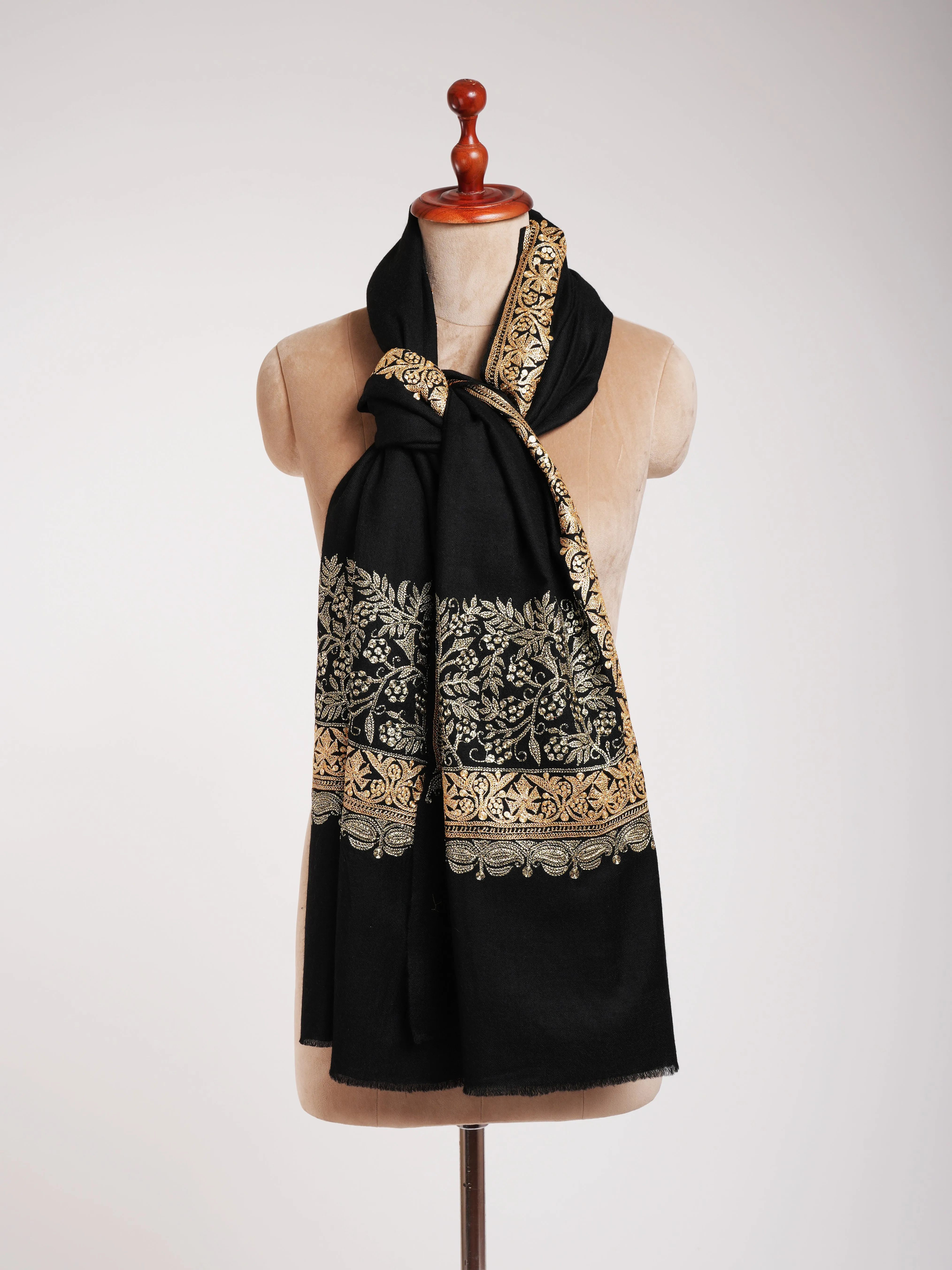 Hand Spun Black Pashmina Shawl with Golden Tilla Embroidery