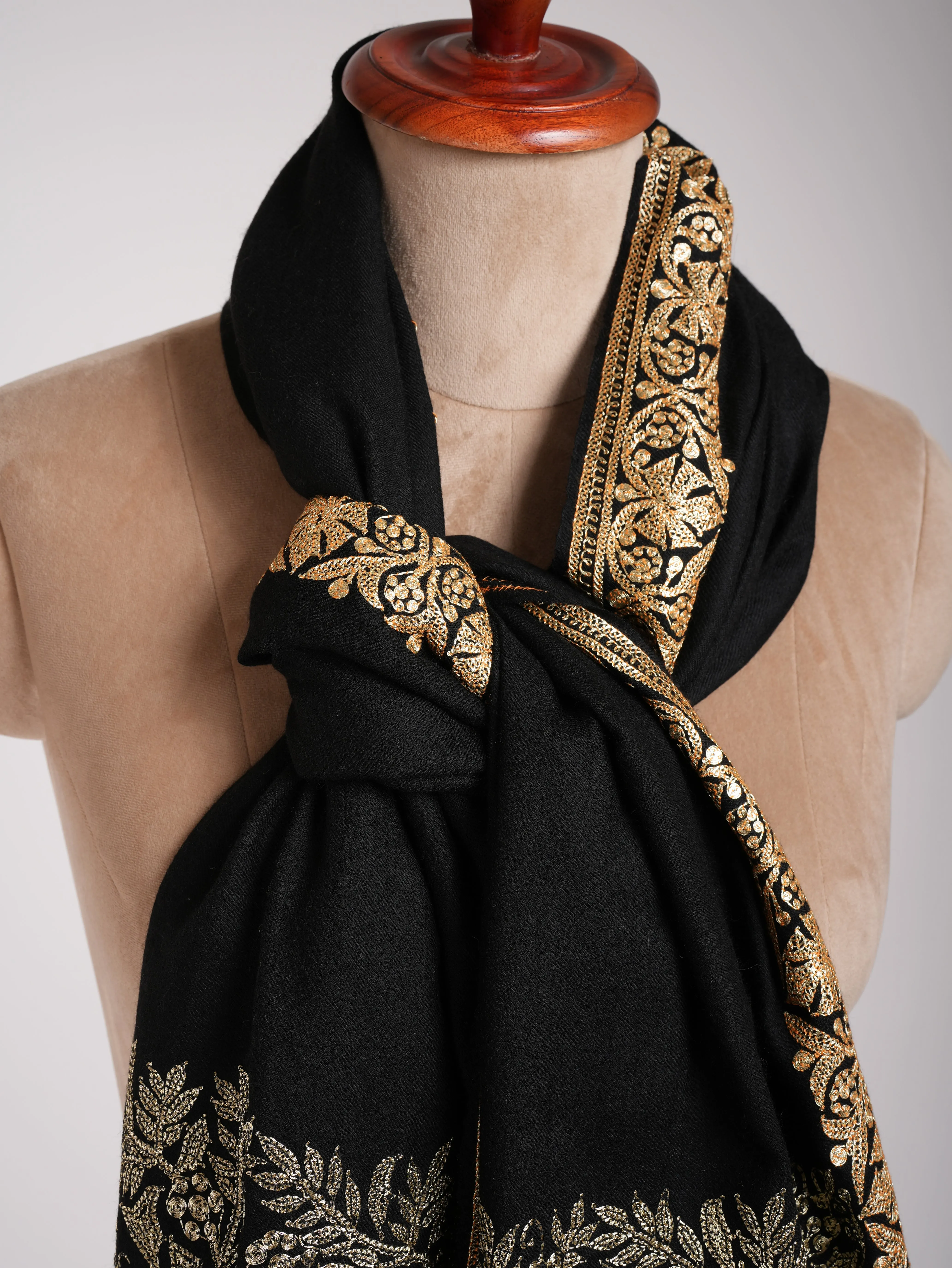 Hand Spun Black Pashmina Shawl with Golden Tilla Embroidery