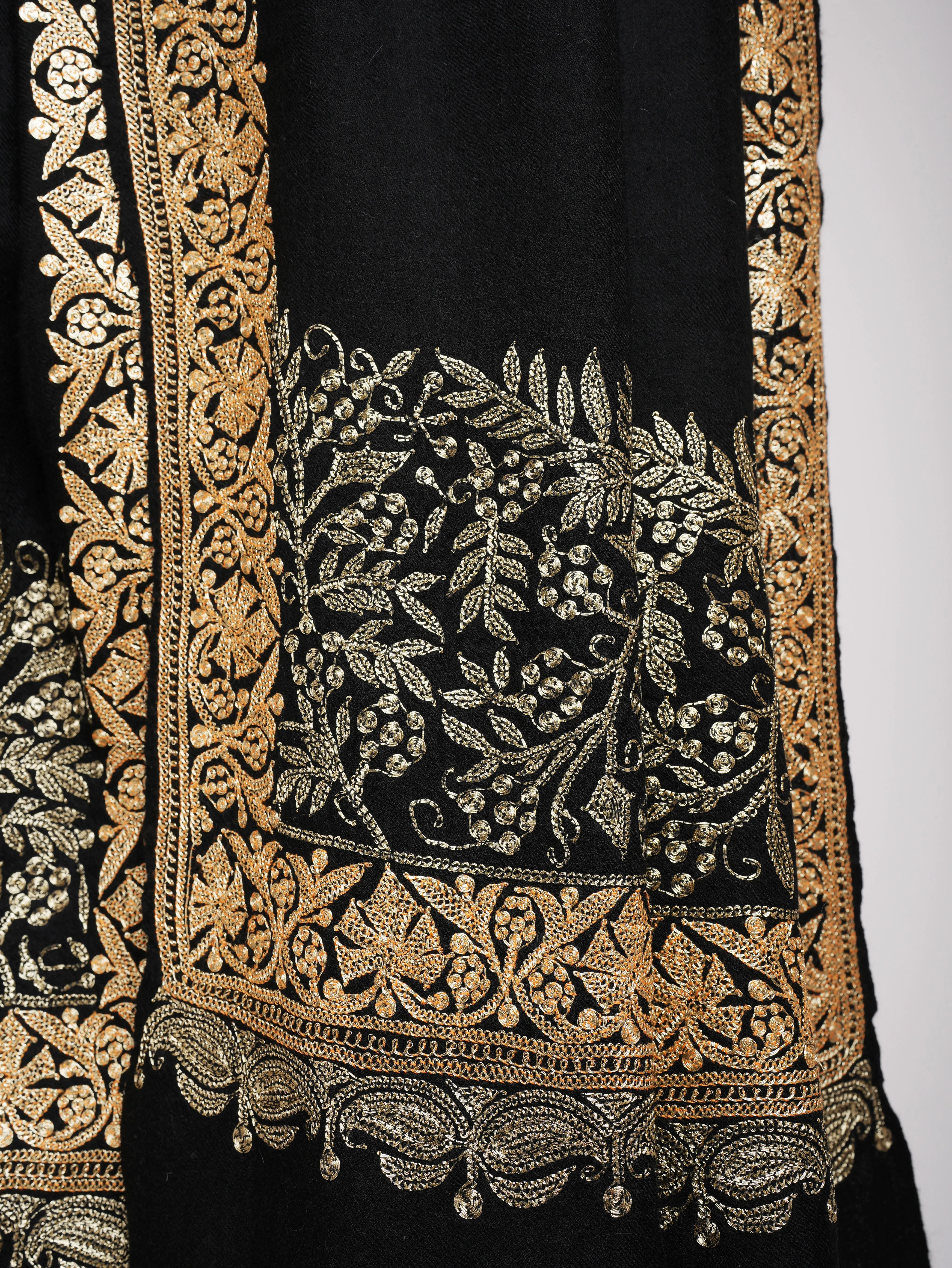 Hand Spun Black Pashmina Shawl with Golden Tilla Embroidery