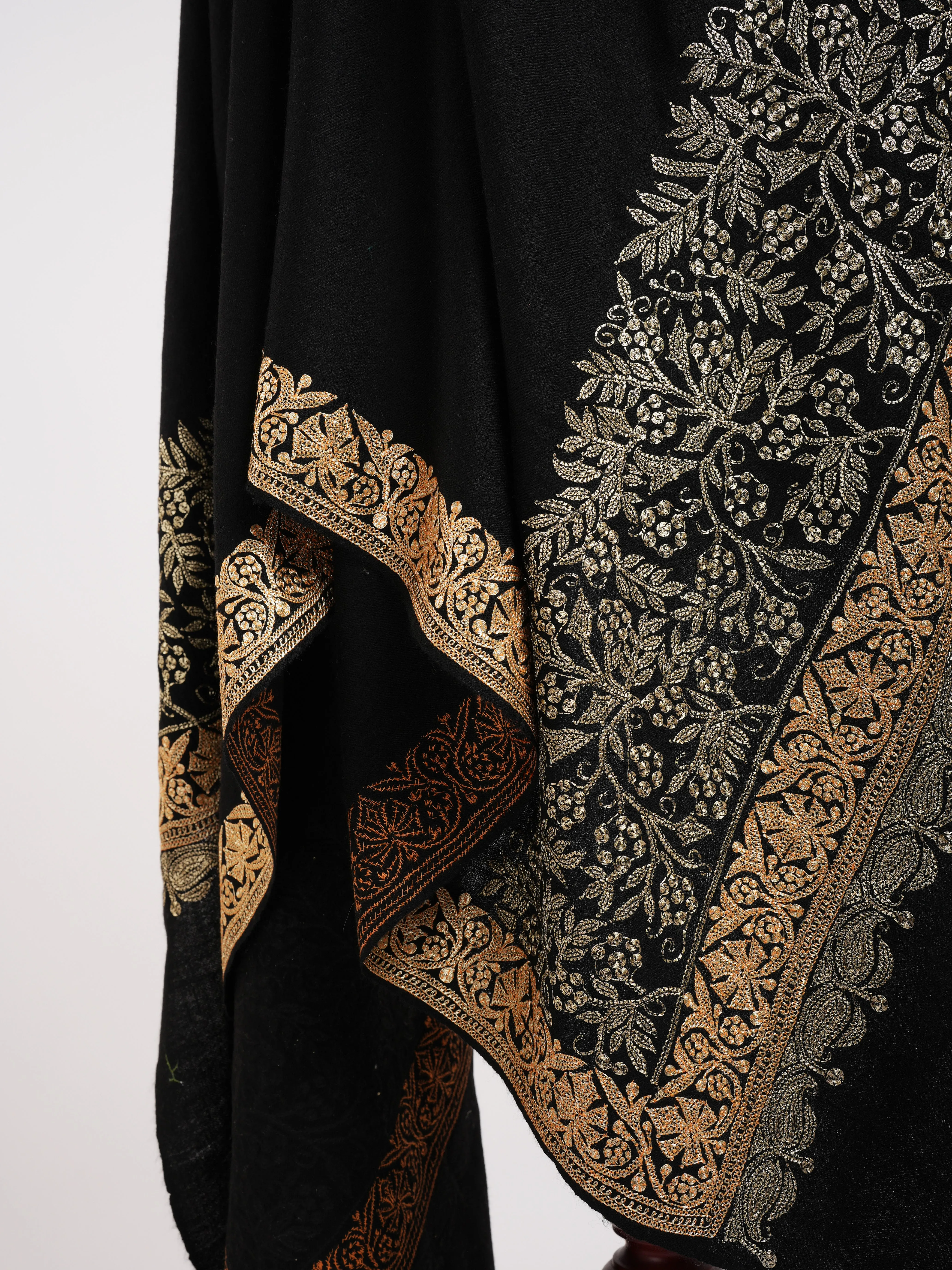 Hand Spun Black Pashmina Shawl with Golden Tilla Embroidery