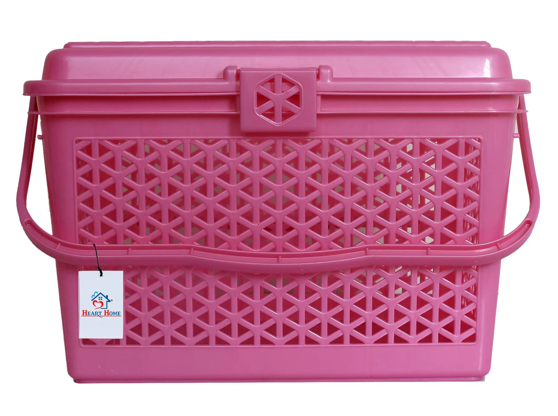 Heart Home Plastic Trendy Shopping Storage Basket Bin with Handles for Shower, Closet, Kitchen, Garden, Bathroom, Toys (Pink, Small)