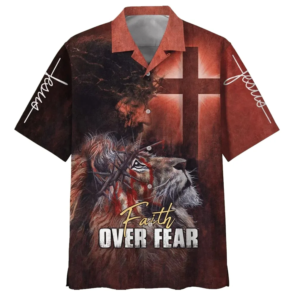 Jesus Faith Over Fear Lion Cross Hawaiian Shirt - Best Hawaiian Shirts - Christian Hawaiian Shirt