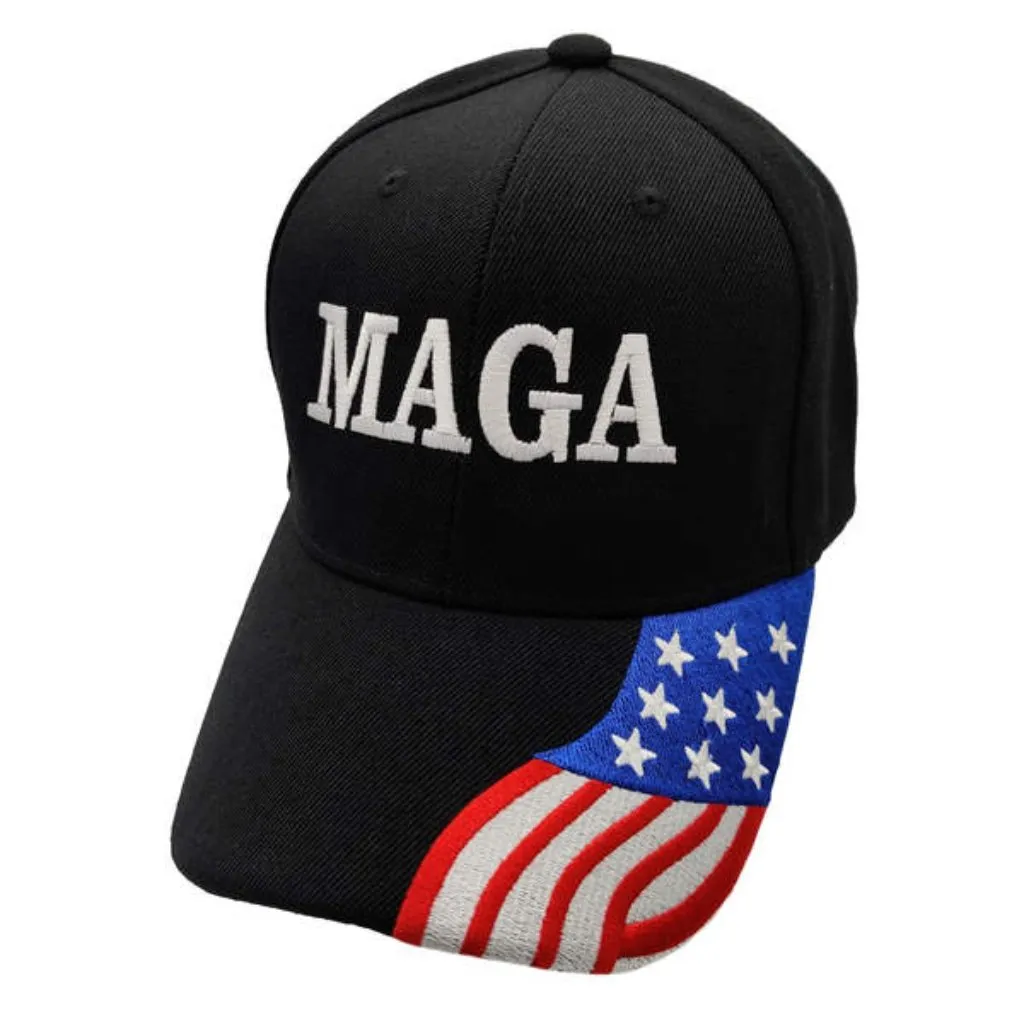 MAGA Custom Embroidered Hat w/Flag Bill (Black)