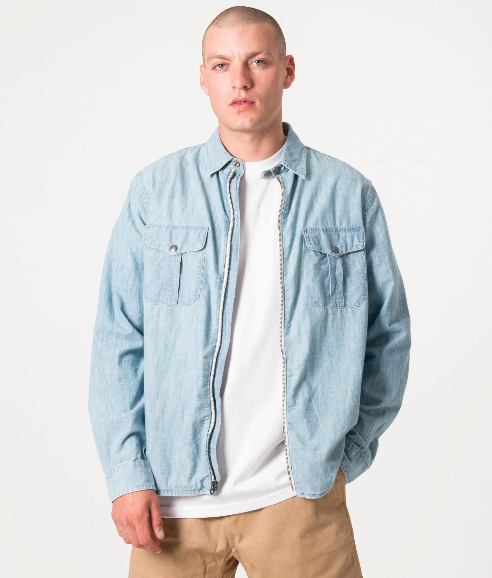 Relaxed Fit Zip Through Chambray Overshirt