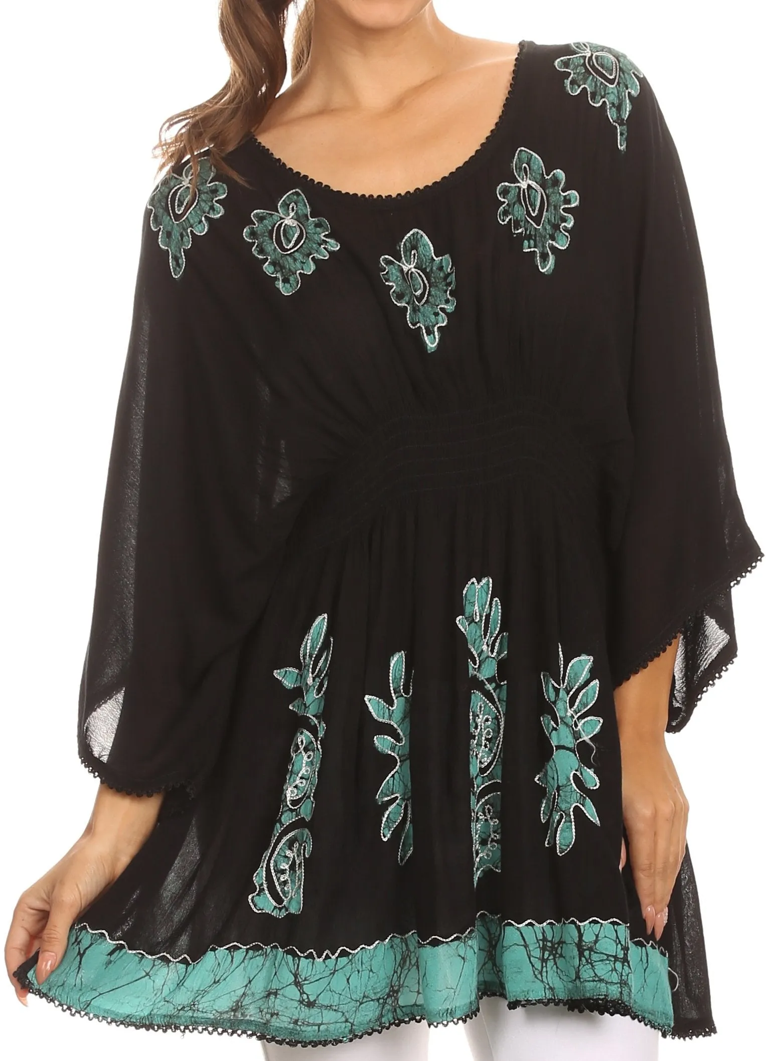 Sakkas Women's Embroidered Batik Gauzy Rayon Tunic Blouse