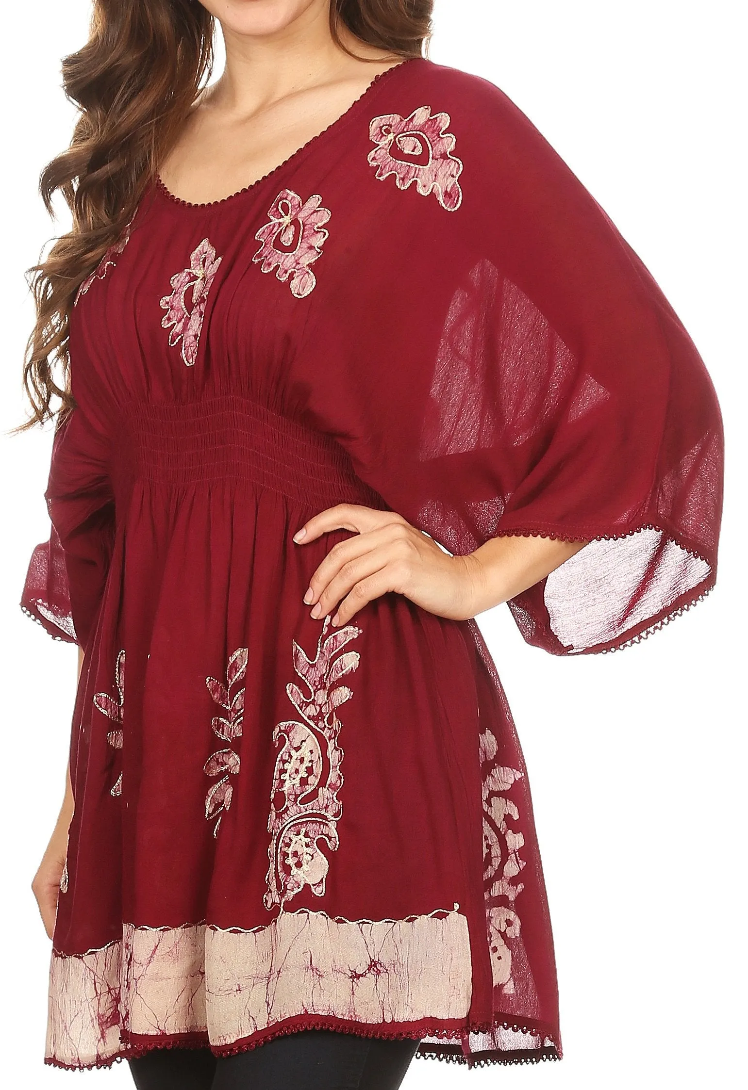 Sakkas Women's Embroidered Batik Gauzy Rayon Tunic Blouse