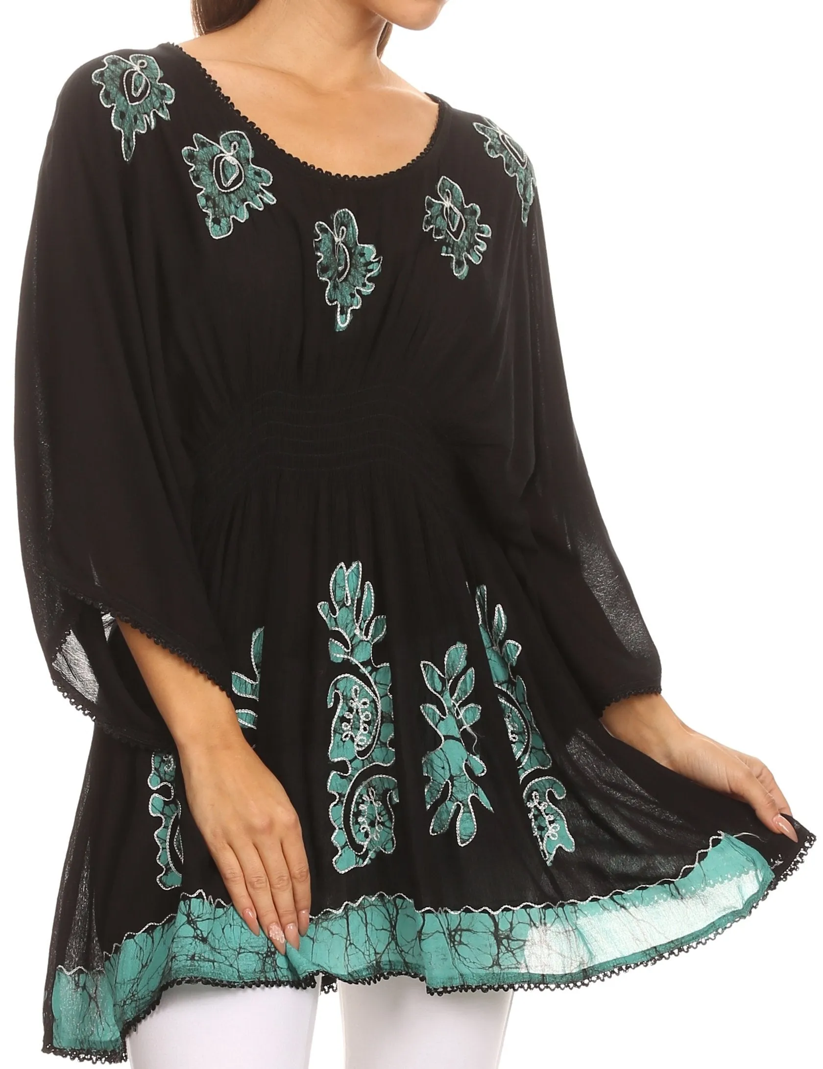 Sakkas Women's Embroidered Batik Gauzy Rayon Tunic Blouse