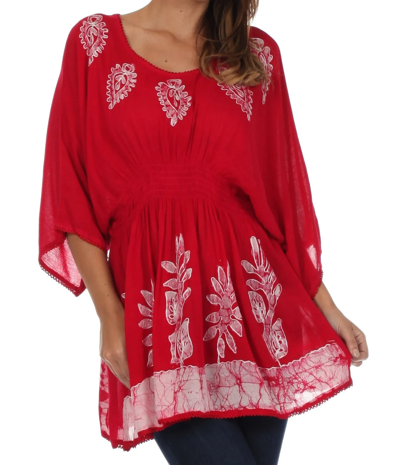 Sakkas Women's Embroidered Batik Gauzy Rayon Tunic Blouse