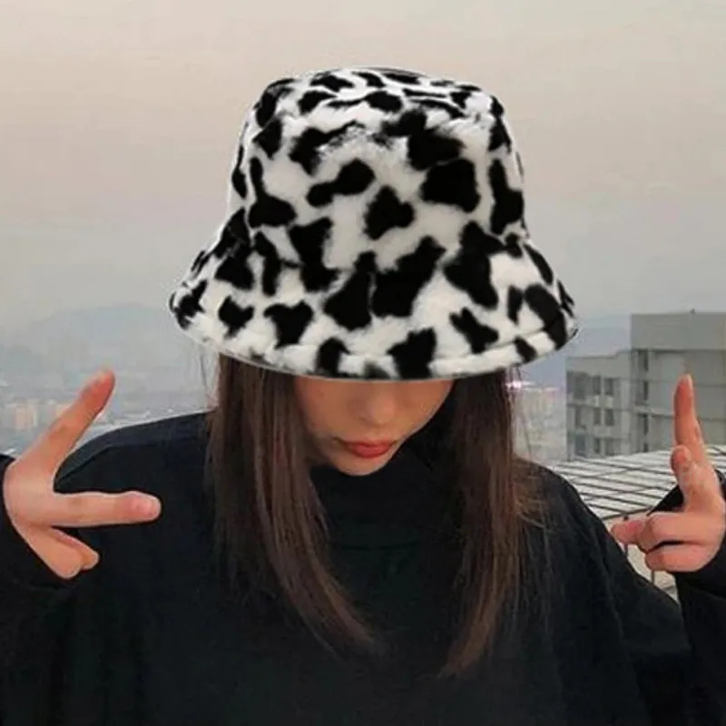 Winter Plush Cow Pattern Outdoor Bucket Hats