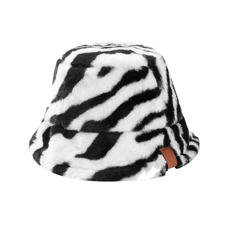 Winter Plush Cow Pattern Outdoor Bucket Hats