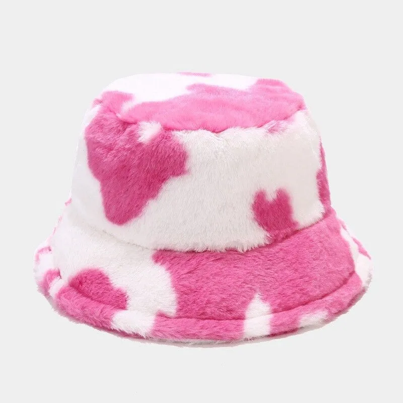 Winter Plush Cow Pattern Outdoor Bucket Hats