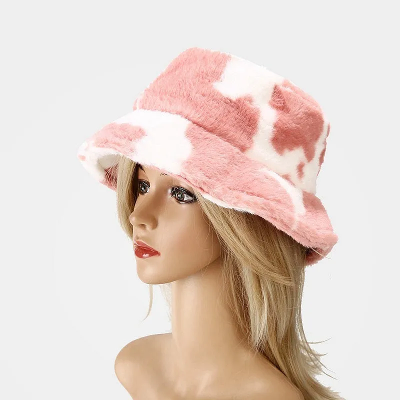 Winter Plush Cow Pattern Outdoor Bucket Hats