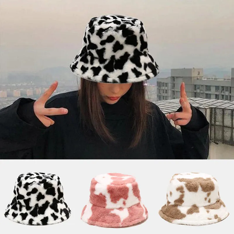 Winter Plush Cow Pattern Outdoor Bucket Hats