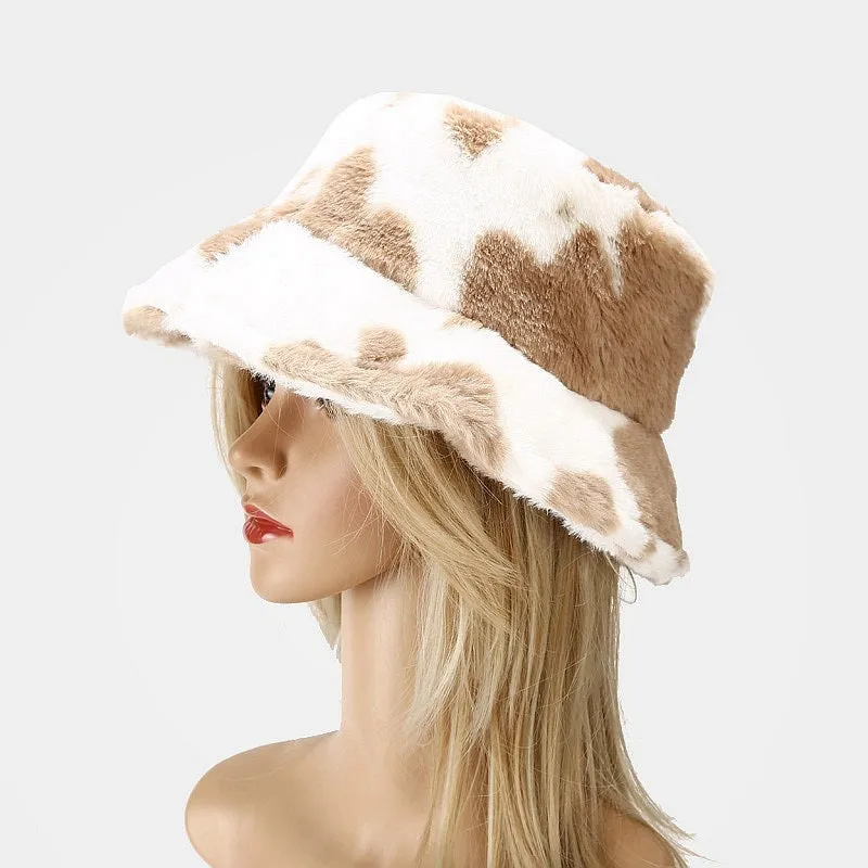 Winter Plush Cow Pattern Outdoor Bucket Hats