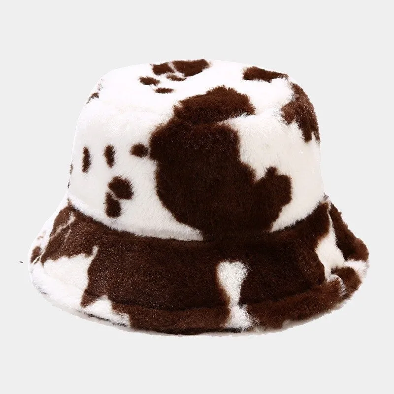 Winter Plush Cow Pattern Outdoor Bucket Hats