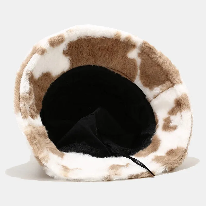 Winter Plush Cow Pattern Outdoor Bucket Hats