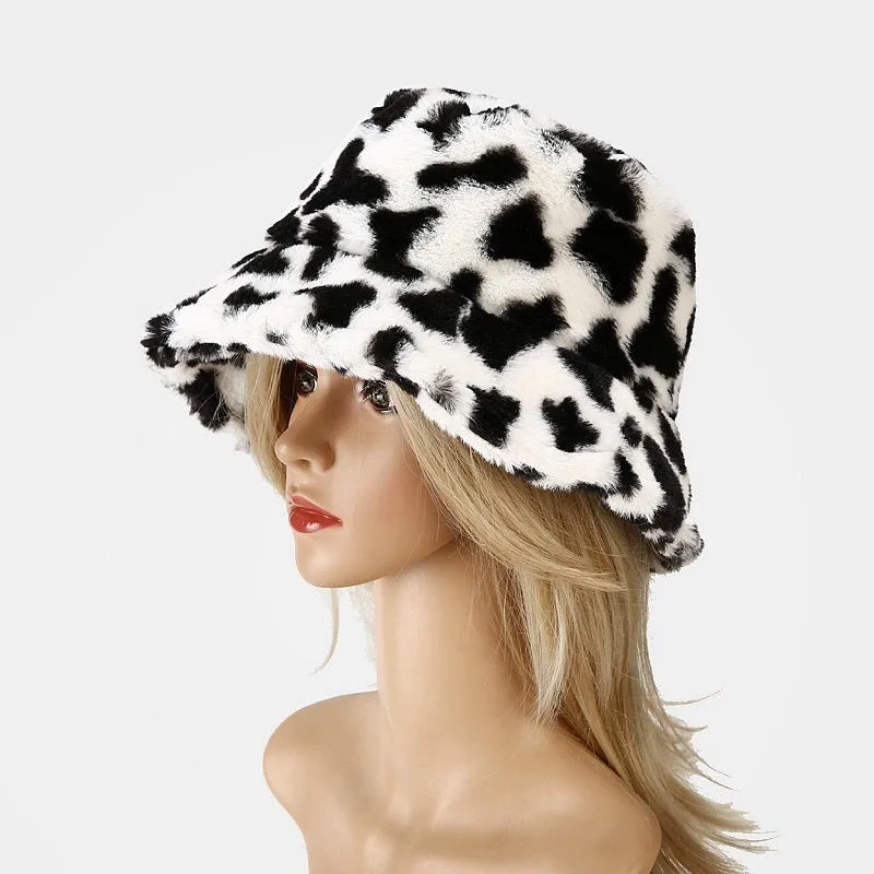 Winter Plush Cow Pattern Outdoor Bucket Hats