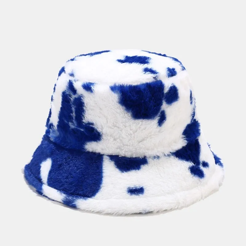 Winter Plush Cow Pattern Outdoor Bucket Hats