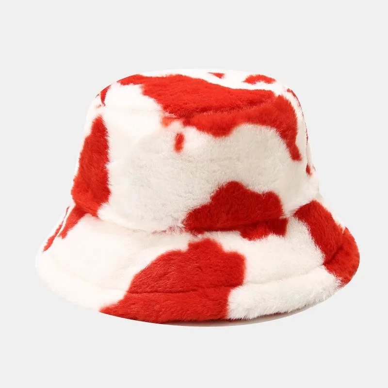 Winter Plush Cow Pattern Outdoor Bucket Hats