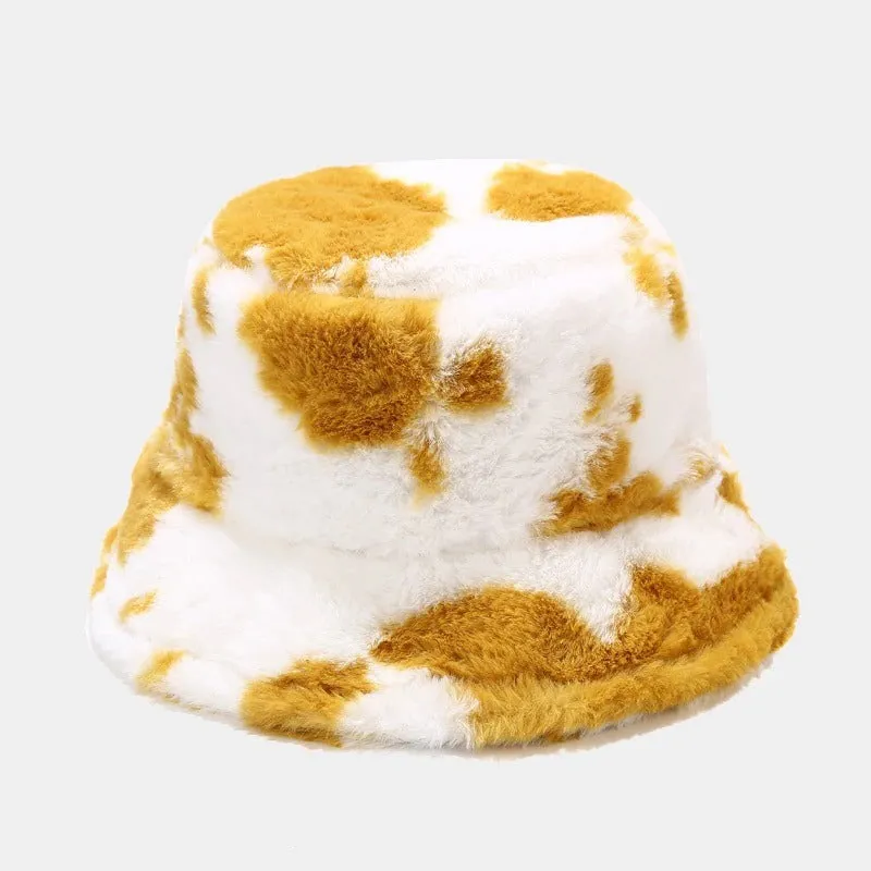 Winter Plush Cow Pattern Outdoor Bucket Hats